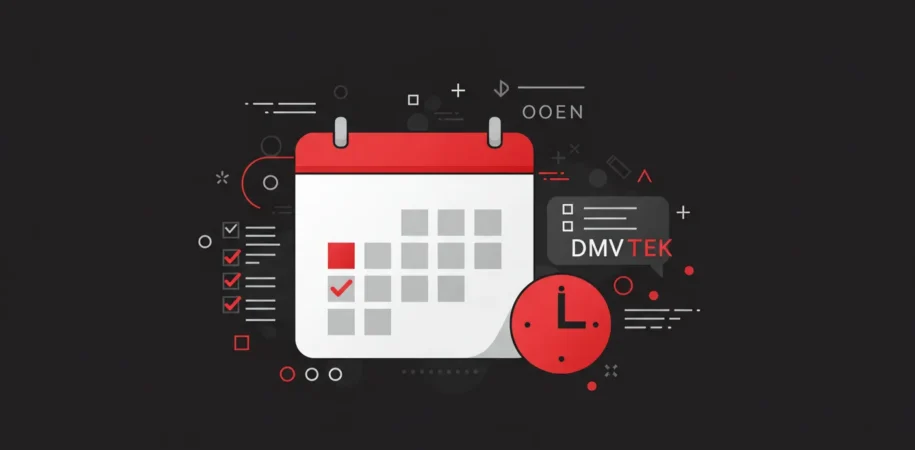 Calendar and clock icons representing DMVTEK class schedule in red, black, and white