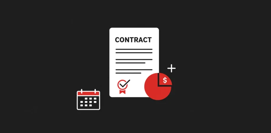 Contract icon with red segmented circle and calendar symbol on black background