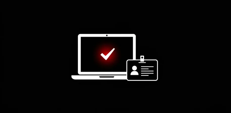 Laptop with red checkmark and ID badge icon on black background representing DMVTEK SDET enrollment