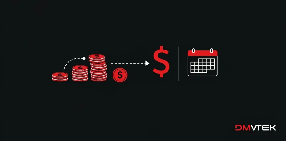 payment plan graphic with dollar icons and calendar on black background