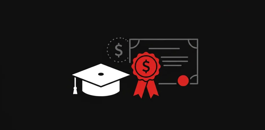 Graduation cap and red ribbon icon representing scholarships on black background