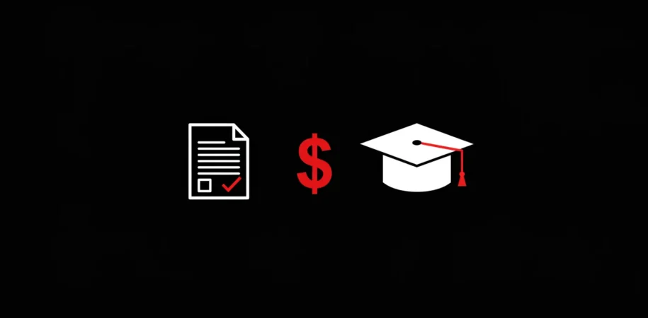 Graduation cap with dollar and document icons in red and white on black background