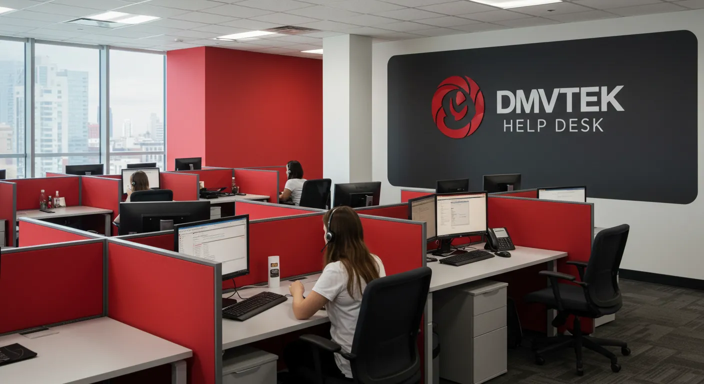 Professional call center with DMVTEK logo providing 24/7 IT help desk and technical support services