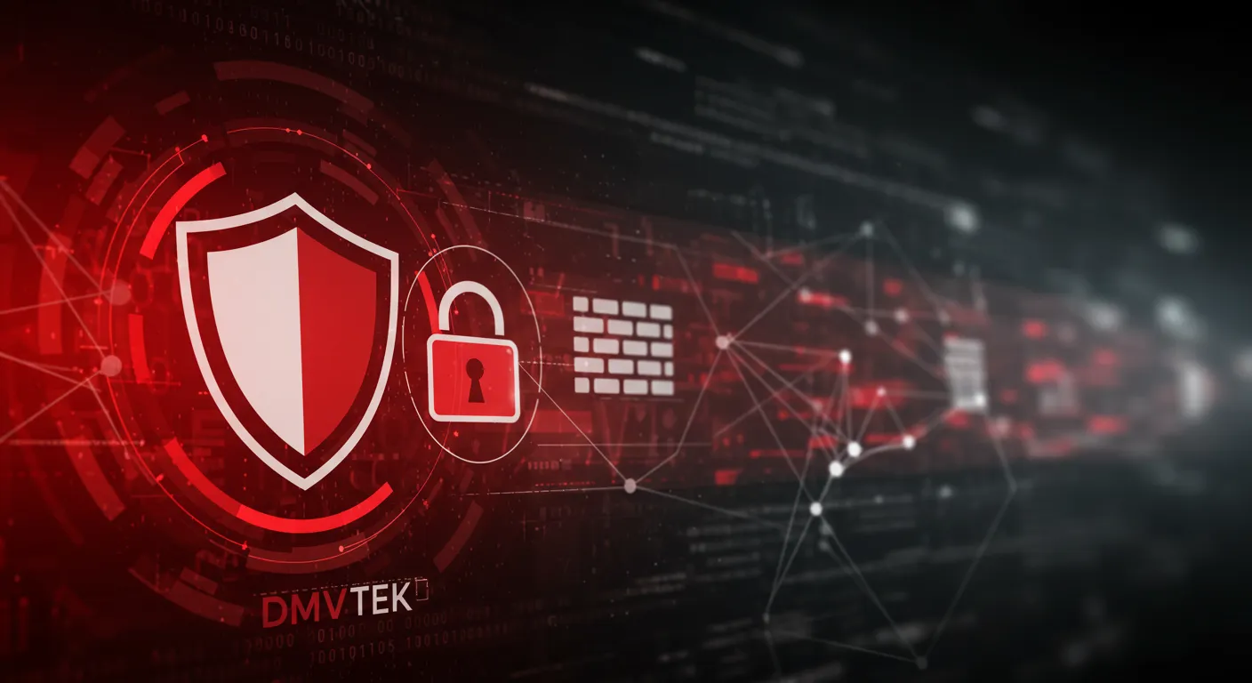 Red, black, and white DMVTEK cybersecurity visual with shield, lock, and firewall icons on a tech background