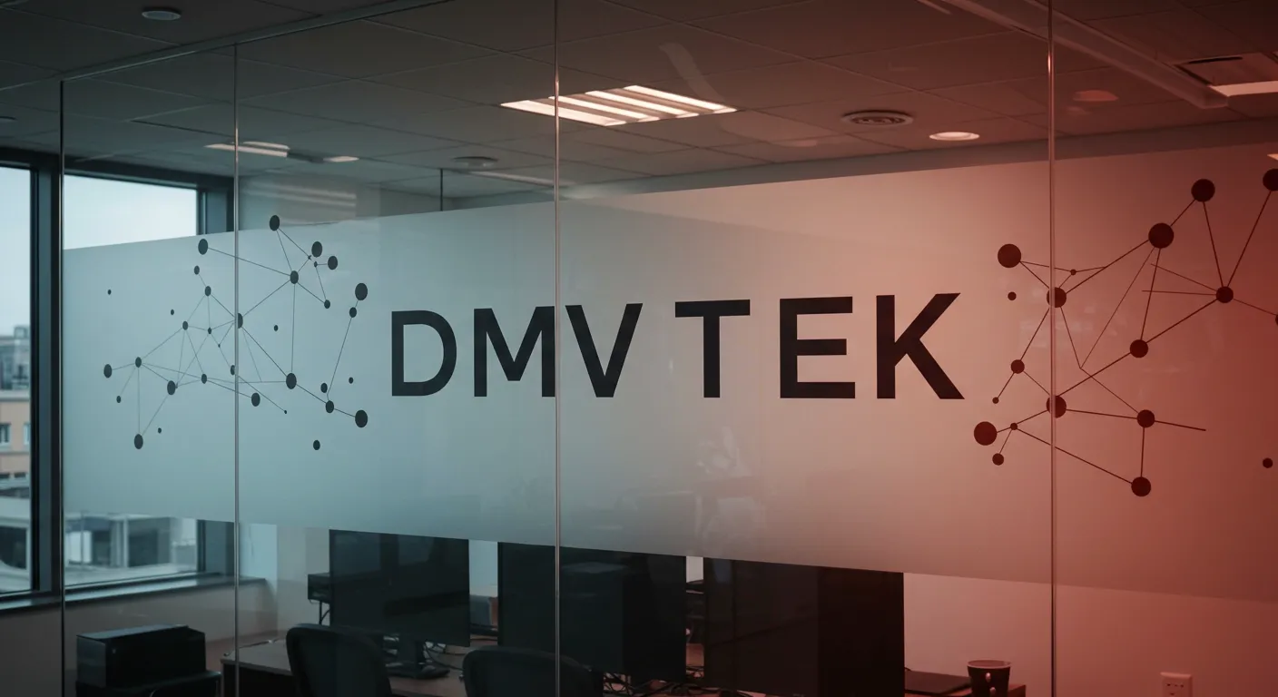Glass wall in an office with "DMVTEK" written on it, featuring network patterns in red, black, and white