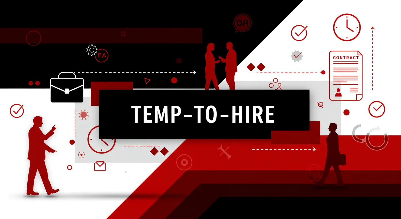 Graphic showing DMVTEK temp-to-hire staffing concept with a contract, handshake, and upward arrow in red, black, and white.