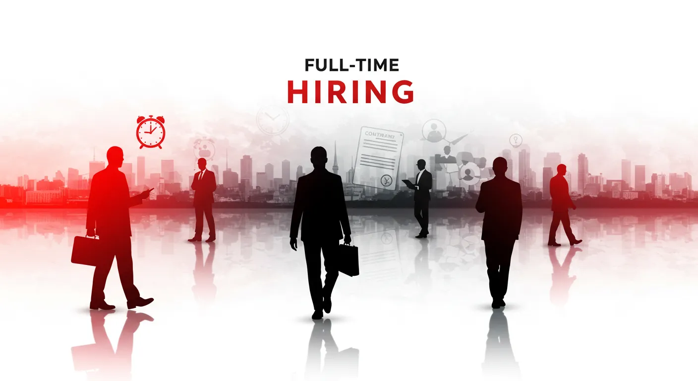 Full-time hiring graphic with professionals and icons in red, black, and white