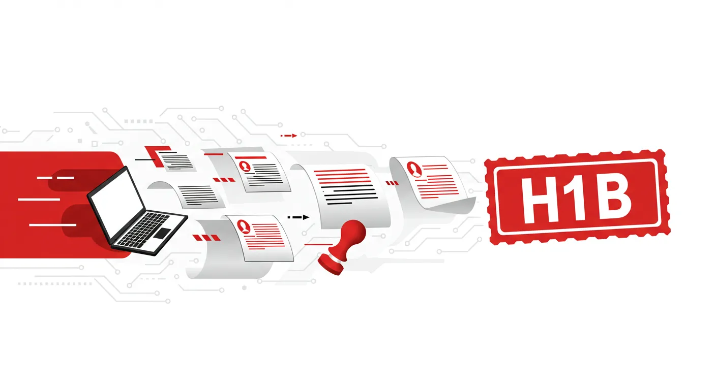 Fast H1B paperwork process with digital forms and H1B visa stamp in red, black, and white