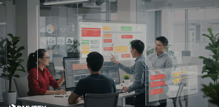Agile development team collaborating in a modern DMVTEK-branded office with transparent digital screens showing sprint boards, progress charts, and workflow tasks.