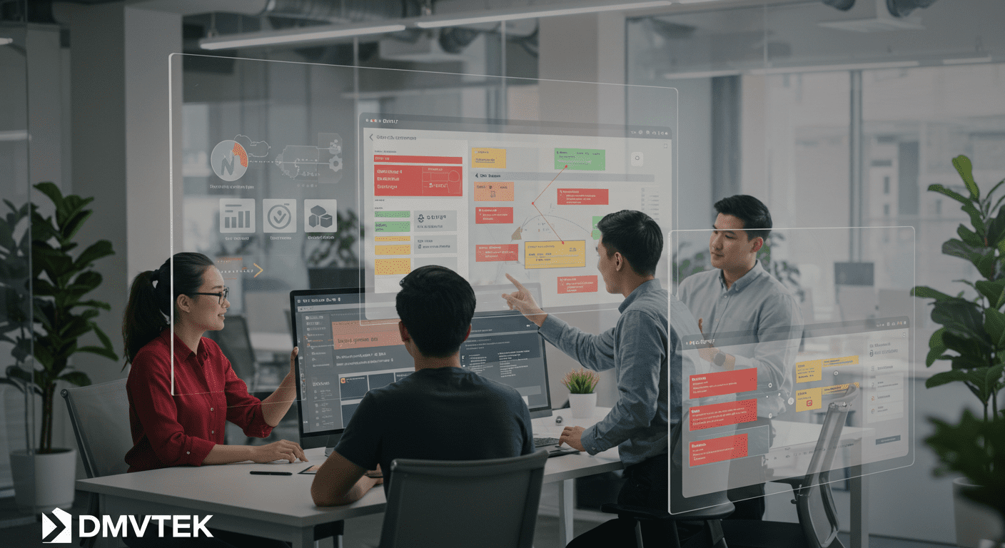Agile development team collaborating in a modern DMVTEK-branded office with transparent digital screens showing sprint boards, progress charts, and workflow tasks.