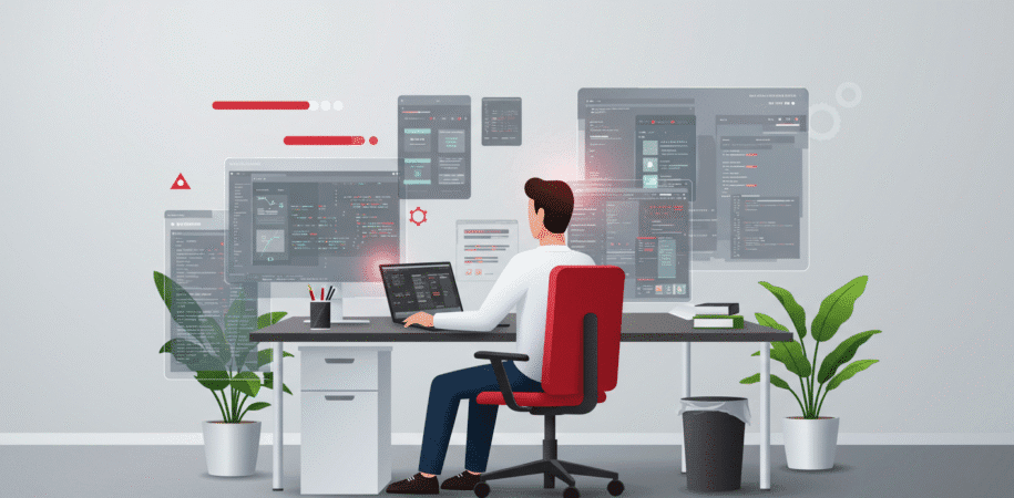 Dedicated software developer at a desk with transparent digital screens displaying code, app interfaces, and progress bars in a modern DMVTEK-branded office with green plants.
