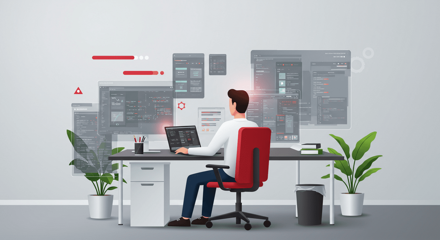 Dedicated software developer at a desk with transparent digital screens displaying code, app interfaces, and progress bars in a modern DMVTEK-branded office with green plants.