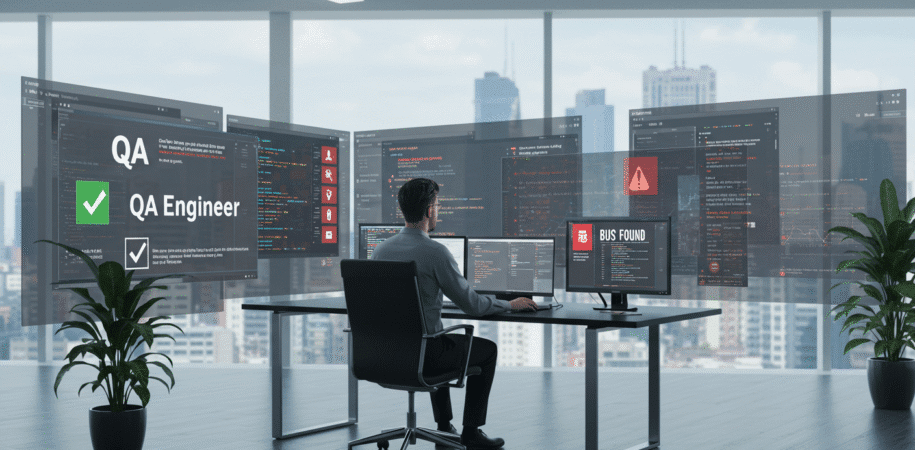 single QA engineer sitting at a desk with semi-transparent digital screens facing the viewer